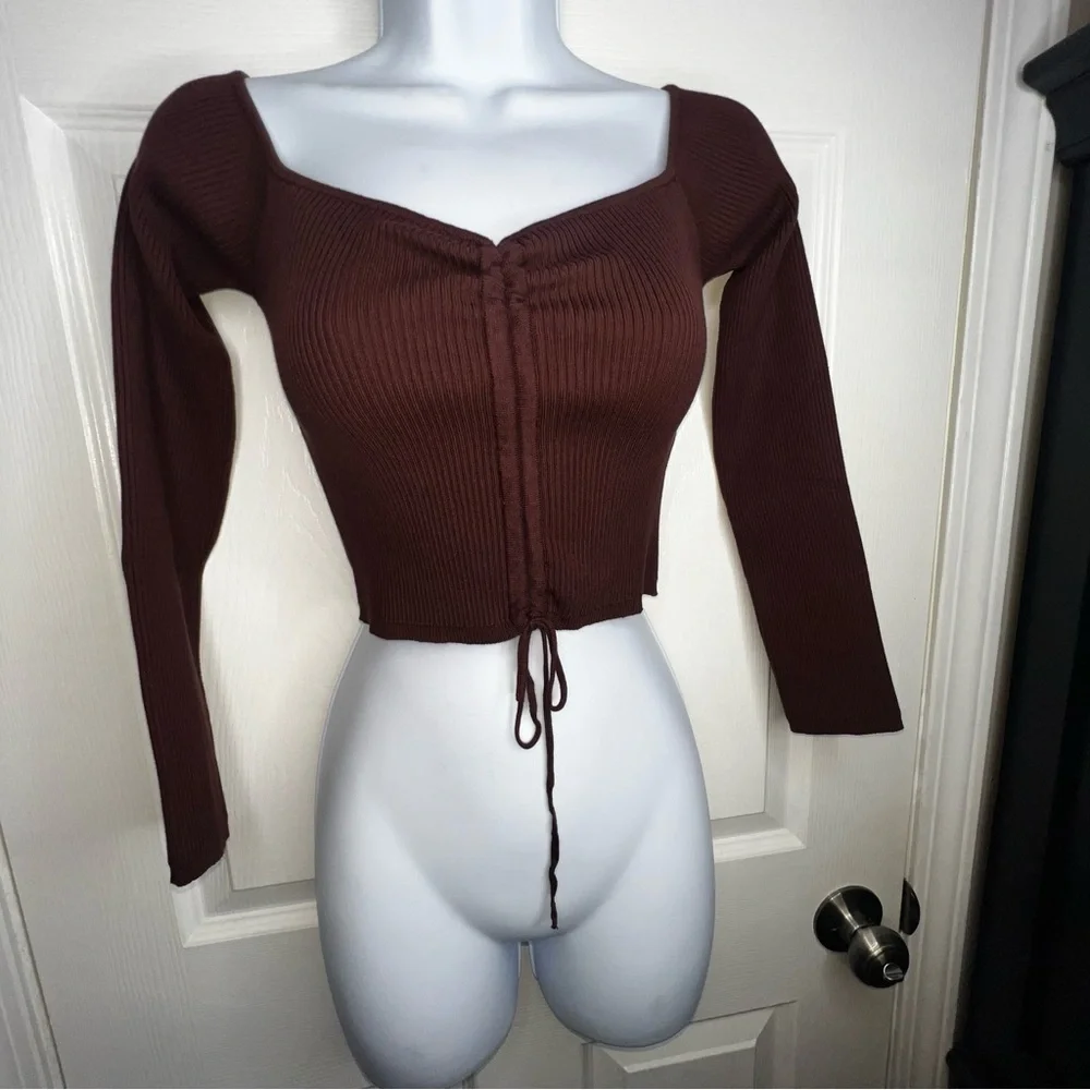 NWT Zara Women’s Medium Brown Rib Knit Off Shoulder Crop Top Sweater M